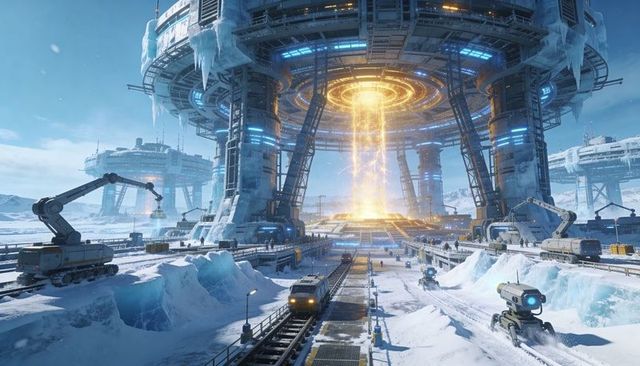 Engineers activating arctic energy ring, robotics stabilizing beam at frozen outpost