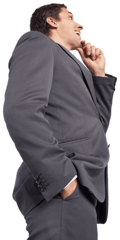 Transparent Thoughtful Young Businessman in Gray Suit Contemplating Idea