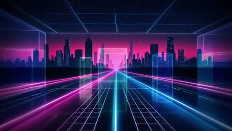 Futuristic Neon Cityscape with Grid Paths and Glowing Skyline