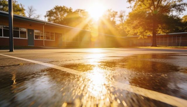 Golden sunrise reflecting on wet school courtyard asphalt with lens flare and puddles