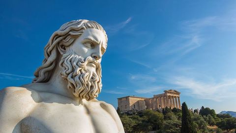 Standing marble statue of bearded god overlooking doric temple on sunlit athens hill