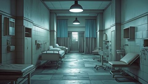 Modern hospital ward with clinical beds and medical equipment