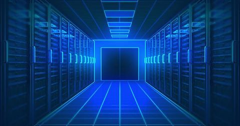 Futuristic neon lit server room with endless rows of servers