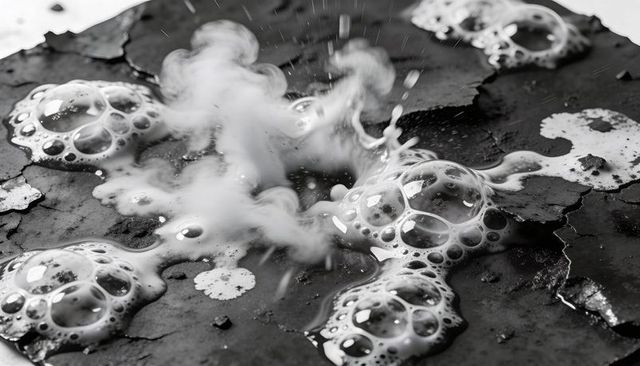 Bubbling foam and vapor on corroded metal plate grayscale evaporation industrial texture
