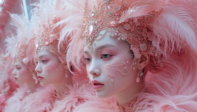 Ornate Pink Feathered Costumes with Glittering Headpieces in Dramatic Display