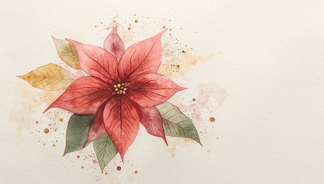 Watercolor poinsettia bloom with gold splatters and textured cream paper background