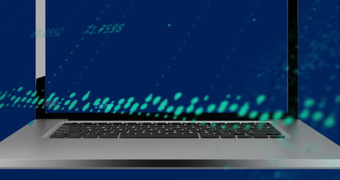 Digital Data Flow Over Laptop Loft Cinematic Rendering