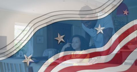 African American Father Helping Daughter with Homework and USA Flag Overlay - Download Free Stock Images Pikwizard.com