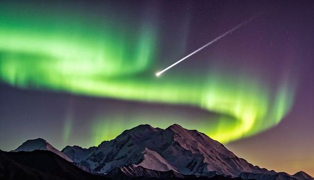 Green northern lights swirling over snow-capped mountain with meteor streaking across sky