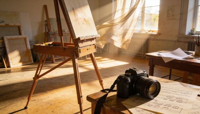 Sunlit art studio dslr resting on architectural plans with wooden easel, canvas and warm shadows