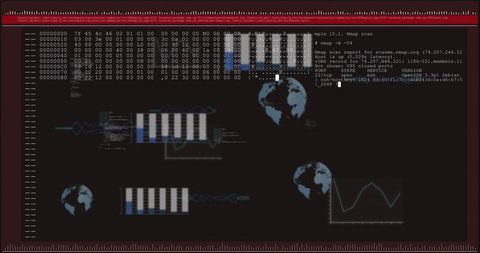 Cybersecurity terminal dashboard displaying hex dump, nmap scan & global network analytics