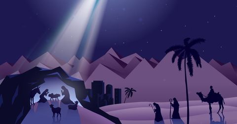 Beautiful christmas nativity scene at night under starlit sky
