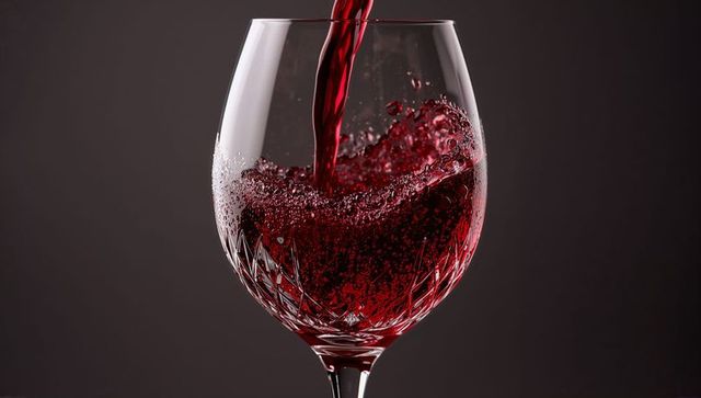Luxurious red wine pour trickling into crystal glass