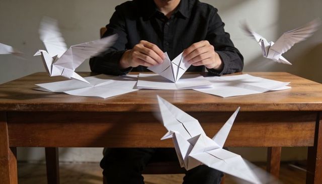 Hands folding origami cranes on wooden table with flying paper birds