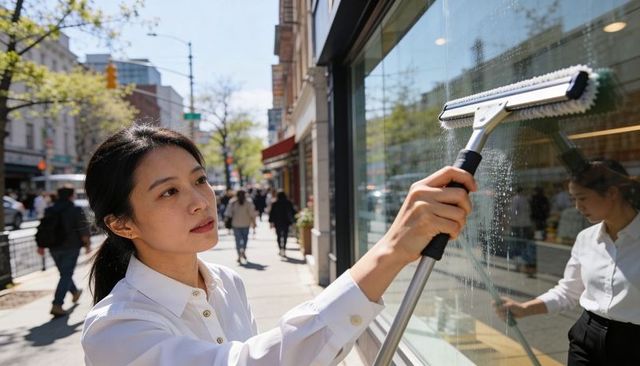 Asian woman cleaning storefront window with pole squeegee on busy urban street