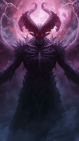 Demonic Overlord Emerging from Swirling Mist in Dark Fantasy Realm with Glowing Eyes
