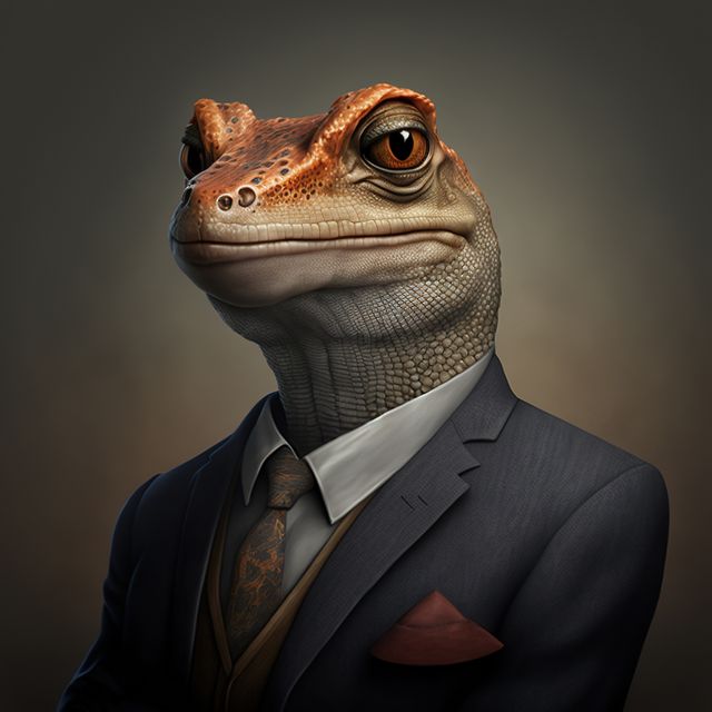 Lizard with suit and brown tie on dark background, created using generative ai technology. Nature and style concept, digitally generated image.