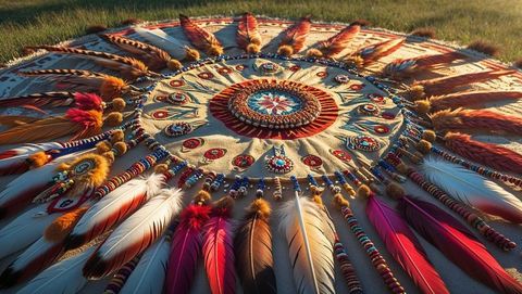 Vibrant feather and bead mandala wrapping nature