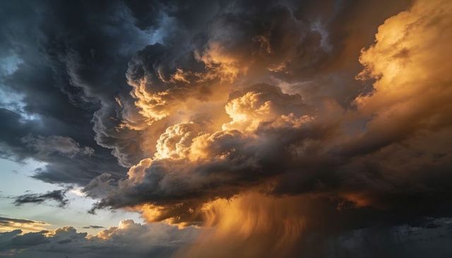 Towering cumulonimbus storm cloud glowing at sunset with dramatic rain shaft