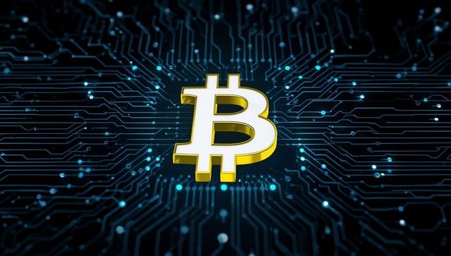 3D Bitcoin Symbol Hovering Over Digital Circuit