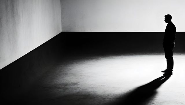 Solitary silhouette standing in gallery corner casting long shadow in monochrome light