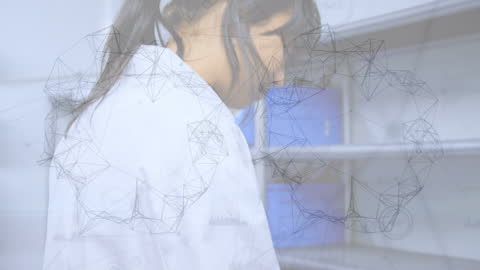 Female Scientist Engaging with Futuristic Network Projections