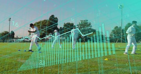 Cricket training analytics overlay with players performing field drills and performance data