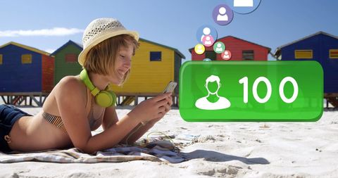 Woman Enjoying Beach Online with Growing Social Media Followers