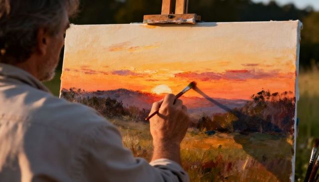 Senior man painting sunset landscape on easel in meadow at golden hour