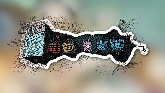 Torn sticker featuring ink splatter, halftone cube and emblem icons on pastel backdrop
