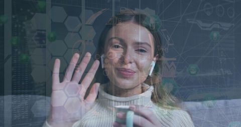 Woman Waving in Digital Interface Overlay with Tech Background