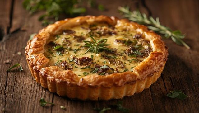 Rustic mushroom and herb savory tart with flaky fluted crust on wooden table closeup