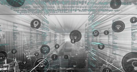 Digital Data Networks Superimposed on Urban Cityscape