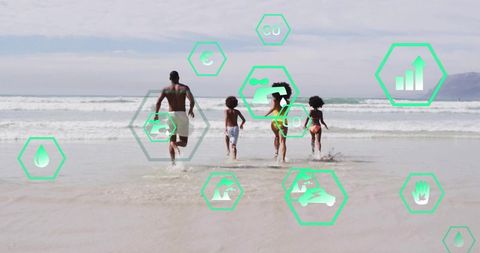 Family Enjoying Beach with Green Symbol Overlays Illustrating Ecological Themes
