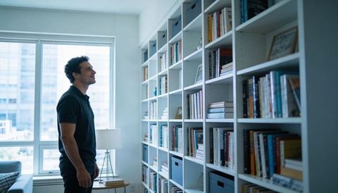 Man scanning built-in bookshelves in apartment near window with natural light