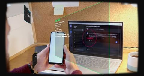 Man holding smartphone aligning ar interface with laptop for remote work productivity