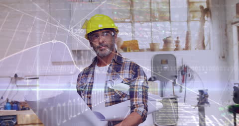 Engineer Analyzing Blueprints with Futuristic Data Overlay