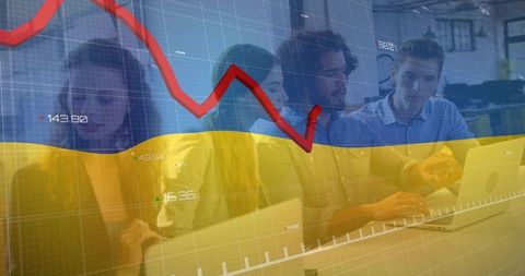 Business team analyzing market downturn with ukrainian flag overlay and falling chart