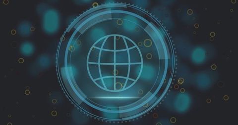 Rotating wireframe globe emitting holographic hud rings with teal bokeh background