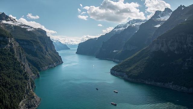 Turquoise fjord flowing between steep alpine cliffs with boats and snow-capped peaks