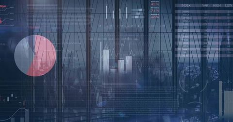 Reflecting financial dashboard across glass of high-rise office with charts and cityscape