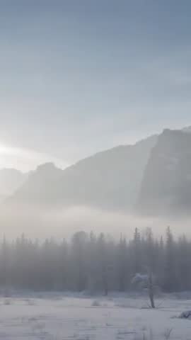 Vertical cinematic winter sunrise lifting mist over mountain valley with lone tree