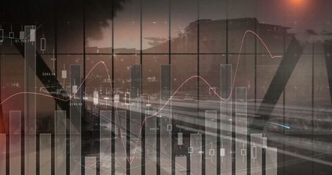 Digital Data Visualization Layered on Urban Architecture at Dusk