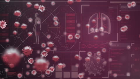 COVID-19 Virus Cells with Data Processing in Red Digital Display