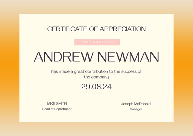 Professional Certificate of Appreciation for Company Recognition - Download Free Stock Templates Pikwizard.com