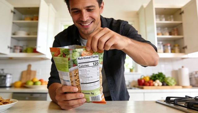 Man reading nutrition label while opening snack bag in bright kitchen, promoting healthy eating