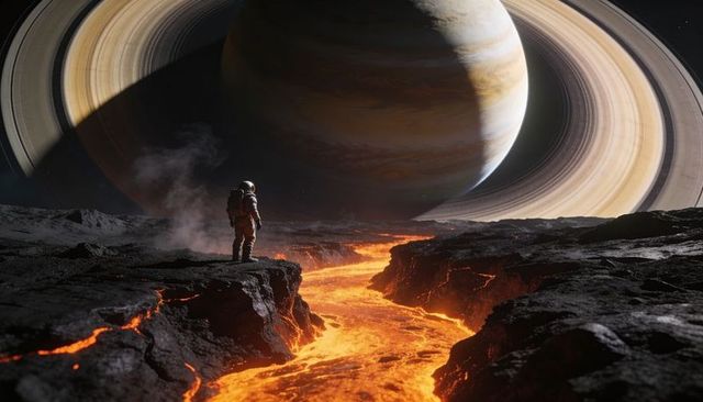 Solitary astronaut standing on volcanic exoplanet facing ringed giant above molten river