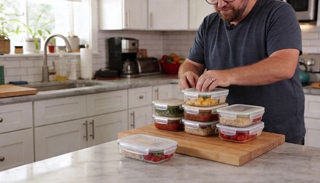 Stacking meal-prep containers on marble counter, man securing lids, organized kitchen