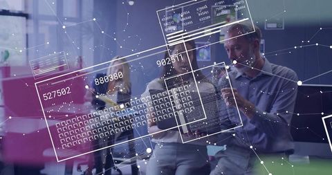 Futuristic Digital Collaboration: Business Team Analyzing Data on Glass Touch Interface