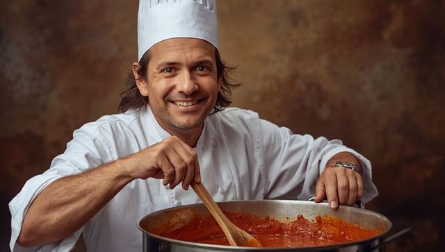 Chef Happily Stirring Tomato Sauce in Professional Kitchen